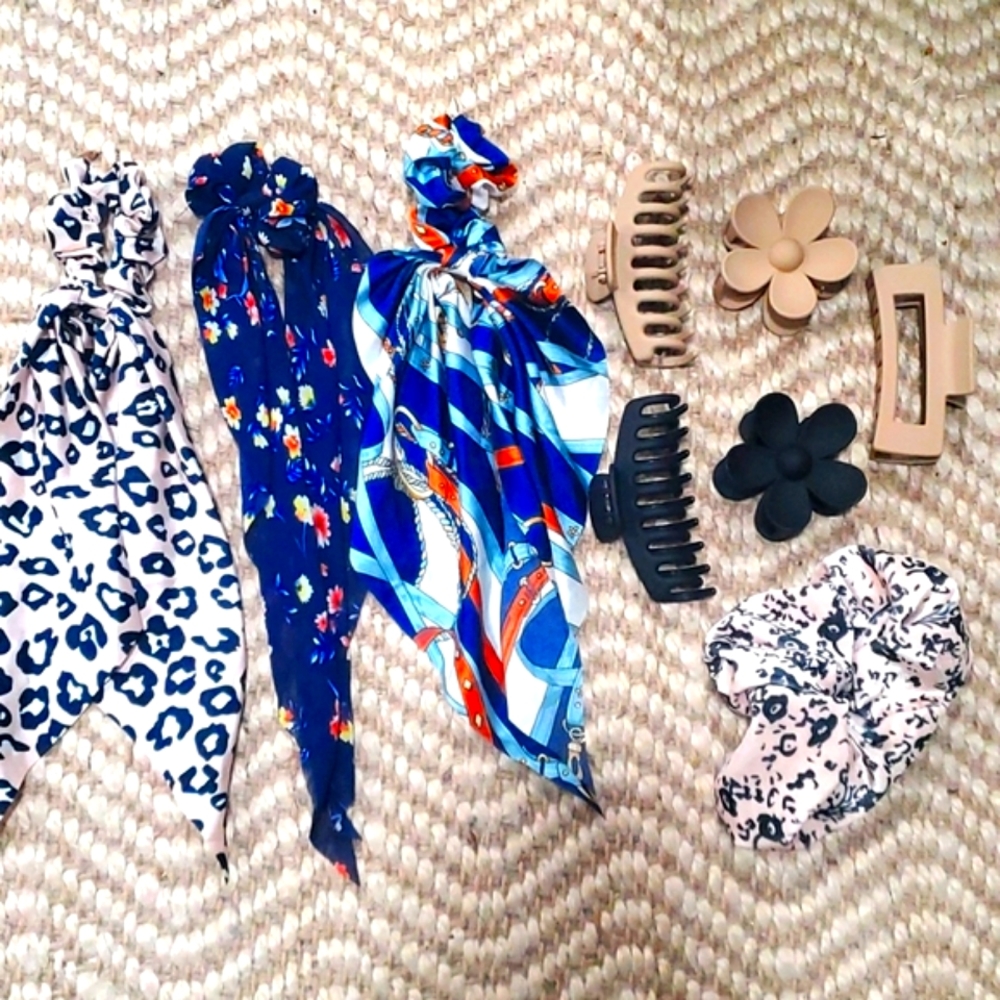 Hair Accessories 9 Piece Set of Scrunchies, Scarves, and Hair Clips
